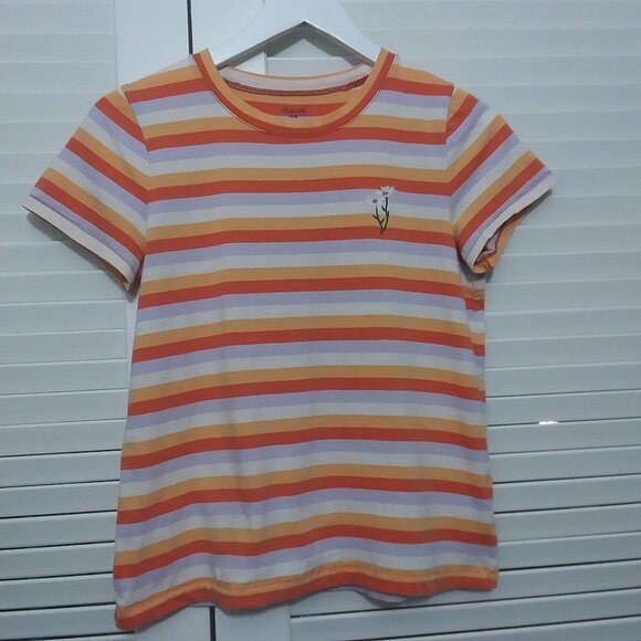 Madewell Tee Shirt Orange Stripe Embroidered Daisy Short Sleeve Womens Small - Picture 5 of 8